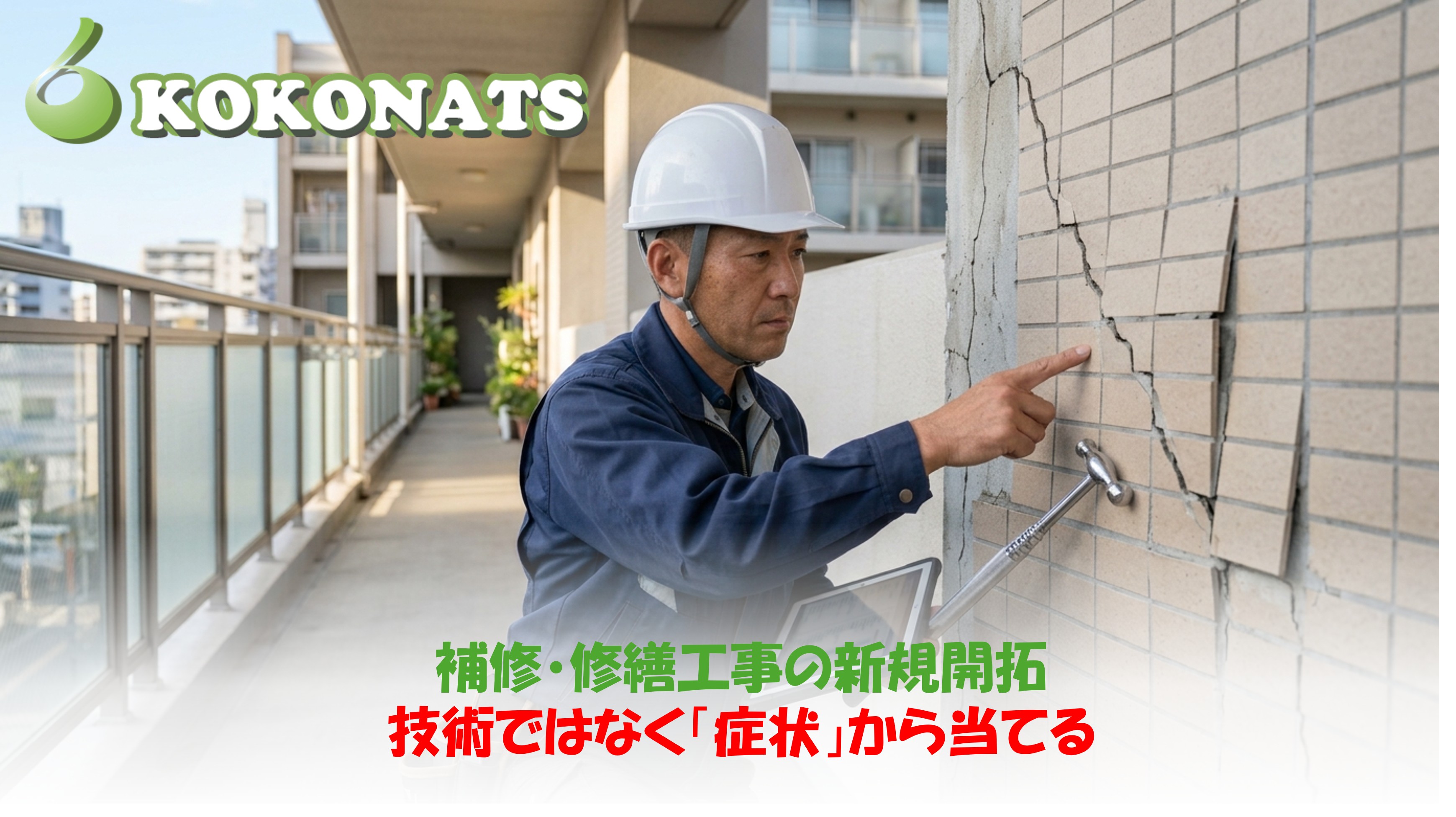 補修・修繕工事の新規開拓。外廊下で壁のひび割れとタイルの浮きを打診棒で点検する職人
