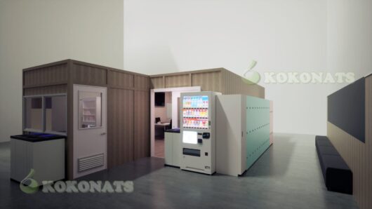 工場・倉庫向け休憩スペース/事務ブースCGパース|自販機・ロッカー完備の機能的設計 工場や倉庫、物流施設のバックヤードや従業員スペースに最適な、機能性を重視した休憩・事務ブースの3Dパースです。自販機・ロッカー・休憩用ベンチ・事務室を一体化させることで、限られた空間でも高い利便性を実現。施設提案・リニューアルプレゼン・社内稟議用の視覚資料として活用可能です。