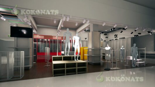 アパレル店舗内装の建築パース|什器配置と照明計画を再現した3DCG アパレルショップの店舗内装を想定した建築パースです。中央のステージ什器やマネキン配置、壁面什器、スポット照明による商品演出を3DCGで再現しています。設計図面をもとに空間構成やボリューム感、動線が把握しやすい表現とし、テナント募集資料や社内プレゼン、クライアント確認用のビジュアルとして活用可能です。デザイン提案ではなく、図面・計画内容を視覚化する目的で制作しています。