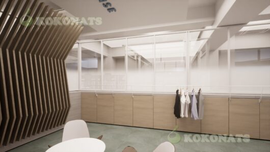 オフィス併設ショールーム内装の建築パース|アパレル展示と執務空間を再現した3DCG アパレル関連企業を想定した、オフィス併設型ショールームの内装建築パースです。ガラス間仕切りによる執務空間との視覚的なつながりを確保しつつ、壁面展示やハンガーレールによる商品確認スペースを3DCGで表現しています。来客対応、社内打ち合わせ、簡易展示など複数用途を想定した空間構成で、計画段階でのレイアウト検討や関係者間のイメージ共有に活用可能です。設計図面をもとに、実務用途を重視して可視化しています。