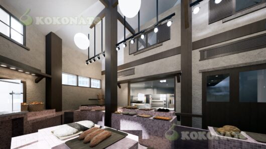 ベーカリー内装の建築パース|製造スペース可視型パン屋の店舗デザインCG パンの製造工程が客席・販売スペースから見える、ベーカリー店舗内装を想定した建築パースです。吹き抜けのある天井構成と梁・柱を活かした空間に、製造エリアと販売カウンターを連続的に配置し、店舗全体の一体感を3DCGで表現しています。厨房設備の配置や作業動線、来店客からの視認性を確認しやすく、新規出店時の検討資料や施主・関係者間のイメージ共有用ビジュアルとして活用可能です。設計図面をもとに、実務用途を重視して可視化しています。