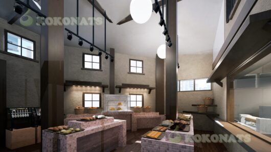 ベーカリー店内の建築パース|吹き抜けと販売什器を再現したパン屋内装CG プベーカリー(パン屋)の販売エリアを中心に表現した店舗内装の建築パースです。吹き抜けのある縦方向に広がる空間構成とし、販売台の配置、照明計画、商品陳列の見え方を3DCGで可視化しています。来店客の回遊性や商品視認性を確認しやすく、新規出店時のレイアウト検討や施主・関係者間のイメージ共有用ビジュアルとして活用可能です。設計図面をもとに、実務用途を前提として制作しています。