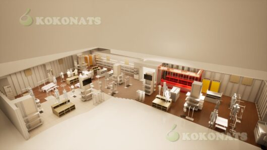 アパレル店舗 全体レイアウトの建築パース|什器配置を俯瞰で確認できる3DCG アパレル店舗の全体構成を俯瞰視点で表現した建築パースです。売場ゾーンごとの什器配置、マネキン設置位置、通路幅や動線計画を一目で把握できる構成とし、設計検討や施工前確認に適した3DCG表現としています。売場の規模感やレイアウトバランスを共有しやすく、テナント計画、社内検討、施主・関係者間での合意形成用資料として活用可能です。設計図面をもとに、実務用途を重視して可視化しています。