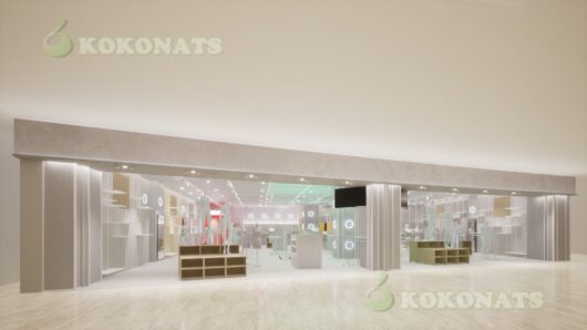 商業施設内アパレル店舗の建築パース|モール向けファサードと店内を再現した3DCG 商業施設(ショッピングモール)内に入居するアパレル店舗を想定した建築パースです。共用通路側から店内全体が見渡せる開放的なファサード構成とし、什器配置、マネキンディスプレイ、照明計画を含めて3DCGで表現しています。通行人からの視認性や入店しやすさを確認しやすく、テナントリーシング資料、出店計画の検討、施主・関係者間でのイメージ共有用ビジュアルとして活用可能です。設計図面をもとに、実務用途を前提として可視化しています。