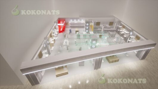 商業施設内アパレル店舗 俯瞰の建築パース|ファサードと全体構成を可視化した3DCG 商業施設内に入居するアパレル店舗の全体構成を、俯瞰視点で表現した建築パースです。モール通路側ファサードと店内レイアウトを一体で可視化し、什器配置、ゾーニング、動線計画、照明構成を把握しやすい構成としています。テナントリーシング資料や出店計画の検討、設計・施工前の確認、施主・関係者間での合意形成用ビジュアルとして活用可能です。設計図面をもとに、実務用途を前提として制作しています。