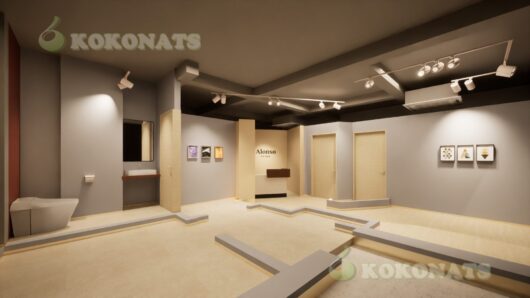 小規模サロン内装の建築パース|壁を省略して内部構成を示した3DCG 小規模サロンの内装計画を表現した建築パースです。空間構成を分かりやすく伝えるため、壁や一部の境界要素を意図的に省略し、内部のゾーニングや段差構成、受付・個室の配置が一目で把握できる表現としています。仕上げや計画内容を簡略化したものではなく、設計意図や空間構成を正確に伝えることを目的とした3DCGです。施主・関係者との計画共有や検討用ビジュアルとして活用可能です。