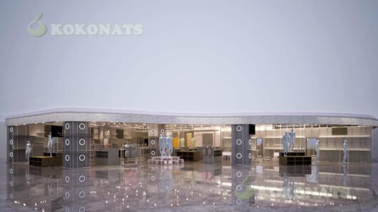 大型アパレル店舗内装の建築パース|商業施設向け物販空間の3DCG 商業施設内に入居する大型アパレル店舗を想定した内装の建築パースです。ガラス越しに内部全体が見渡せる構成とし、マネキンディスプレイ、可動什器、照明計画によるゾーニングを3DCGで表現しています。店舗規模感や視認性、通路からの見え方を確認しやすく、テナント計画やリーシング資料、社内検討用ビジュアルとして活用可能です。設計意図を視覚化する目的で、図面をもとに制作しています。