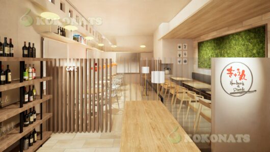 カフェ併設飲食店 内装建築パース|木質空間と縦格子によるゾーニング 独立店舗として計画された、カフェ機能を併設する飲食店の内装建築パースです。木質素材を基調とした内装と縦格子による緩やかなゾーニングにより、カフェエリアと客席エリアを視覚的につなげた空間構成を3DCGで可視化しています。照明計画、家具配置、壁面グリーンなどを含め、実際の設計条件を踏まえた完成イメージを表現しており、独立店舗の新規開業や設計検討、クライアント・施工関係者間での完成イメージ共有を目的とした内装CGパースです。