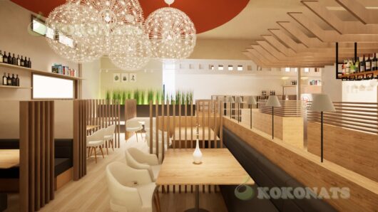 カフェレストラン 内装建築パース|木質空間と装飾照明による客席デザイン 木質素材を基調とした内装に、装飾性の高いペンダント照明や間接照明を組み合わせることで、温かみと奥行きのある客席空間を3DCGで可視化しています。縦格子による緩やかなゾーニングや家具配置、照明計画を含め、実際の設計条件を踏まえた完成イメージを表現しており、新規開業時のデザイン検討や、クライアント・施工関係者間での完成イメージ共有を目的とした内装CGパースです。
