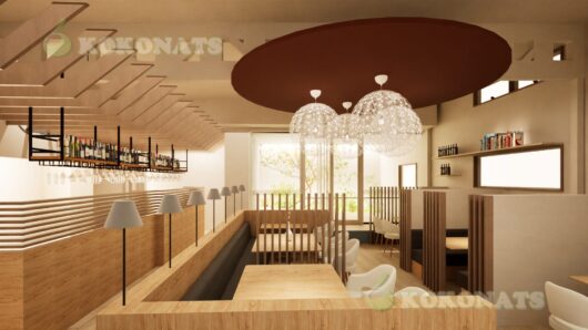 カフェレストラン 内装建築パース|装飾照明と木質デザインによる客席空間 天井中央に設けた円形アクセントと装飾性の高いペンダント照明を主役とし、木質素材を基調とした内装と組み合わせることで、落ち着きと視覚的な印象を両立した客席空間を3DCGで可視化しています。縦格子による席間の緩やかな仕切りや、ベンチシートを含む家具構成、照明計画まで含めて表現しており、独立店舗における内装デザイン検討や、施主・設計者・施工関係者間での完成イメージ共有を目的とした内装建築CGパースです。