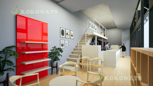 アパレル店舗 内装建築パース|ロフト付き売場空間の3DCG可視化 アパレル店舗の内装計画を可視化した建築パースです。売場中央に設けた階段とロフト(中二階)構成により、限られた床面積の中で立体的な売場構成を実現しています。壁面にはディスプレイ棚やアートを配置し、受付カウンター背後には商品ストックおよび展示スペースを集約。素材感のある木質仕上げとアクセントカラーを組み合わせることで、店舗のブランドイメージを明確にしつつ、来店客の回遊性と視線誘導を意識した空間構成としています。設計検討、施主・テナント間での完成イメージ共有、内装計画の合意形成を目的とした3DCG建築パースです。