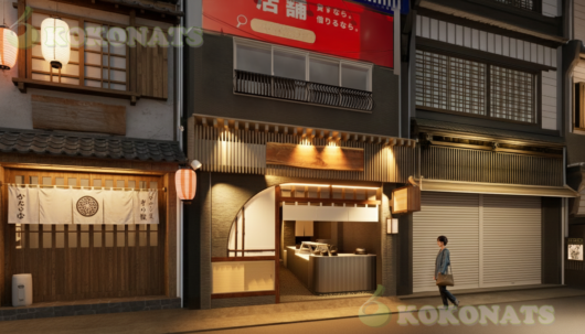 和風飲食店 外観の建築パース|日本の街並みに溶け込む店舗ファサードCG 日本の下町や商店街を想定した和風飲食店の外観建築パースです。木格子や行灯、暖色系の照明計画により、夜間でも視認性と雰囲気が伝わるファサード表現としています。周辺建物とのスケール感や通行人目線を意識し、出店検討時のイメージ共有、施主・関係者への説明資料、テナント誘致用ビジュアルとして活用可能です。設計図や計画内容をもとに、実在感のある街並みとして3DCGで可視化しています。