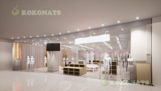 商業施設 アパレル店舗 内装建築パース|売場構成と照明計画を可視化 商業施設内に計画されたアパレル店舗の内装建築パースです。天井全面に配置したダウンライトとライティングレールにより、売場全体を均一に照らし、商品やマネキンが視認しやすい照明計画としています。床・壁・天井は明度を抑えたシンプルな構成とし、什器・マネキン・ディスプレイ台の配置が際立つ空間を3DCGで表現しています。柱位置を含めた売場構成、通路幅、什器レイアウトを把握しやすく、商業施設内テナントの設計検討や、施主・運営側・施工者間での完成イメージ共有を目的とした内装建築パースです。