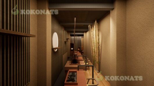 和風飲食店 内装建築パース|カウンター席と陰影を活かした空間表現 和風飲食店の内装建築パースです。細長い空間構成を活かし、カウンター席を直線的に配置することで、奥行き感と落ち着きのある動線を形成しています。壁・天井には左官調の素材と木格子を組み合わせ、間接照明と局所照明により陰影を強調した設計としています。竹の植栽や木質素材を取り入れることで、閉鎖的になりがちな通路状空間に視覚的なリズムと和の趣を付加しています。客席スケール、照明位置、素材感を3DCGで可視化し、施主・設計者・施工者間で完成イメージを共有することを目的とした内装建築パースです。