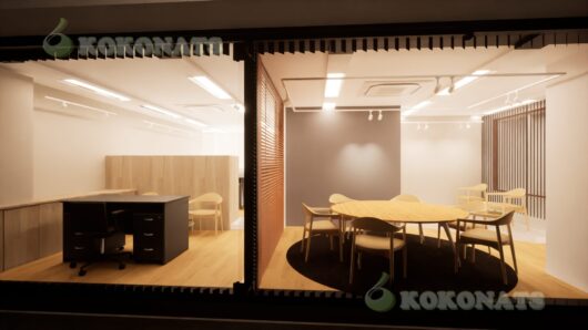 オフィス内装建築パース|執務スペースと会議室を分節した空間構成 オフィス用途として計画された、執務スペースと会議室をガラスパーティションで分節した内装建築パースです。左側には個人作業を想定した執務エリア、右側には円形テーブルを配置した会議・打合せスペースを計画し、視線の抜けを確保しながら用途ごとの性格を明確に分けています。木質素材とルーバーを用いた内装構成により、業務空間でありながら硬くなりすぎない落ち着いた雰囲気を演出しています。レイアウト、家具配置、照明計画を含め、オフィス設計における空間検討や関係者間での完成イメージ共有を目的として、3DCGにより可視化した内装建築パースです。