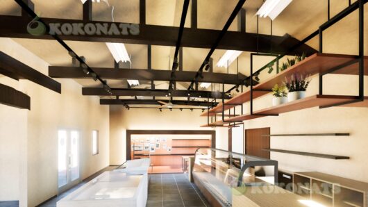物販店舗 内装建築パース|現し梁と吊り棚による立体的な売場空間 物販店舗の内装建築パースです。天井は構造梁を現しとし、照明レールと組み合わせることで、天井高さと奥行きを強調した空間構成としています。客導線に沿ってショーケースと作業台を配置し、天井から吊り下げた棚により、視線の高さに変化とリズムを与えています。木質素材と黒皮鉄フレームを組み合わせ、店舗全体に軽やかさと実用性を両立させたデザインとしました。売場レイアウト、什器構成、照明計画を3DCGで可視化し、設計検討および関係者間での完成イメージ共有を目的とした内装建築パースです。