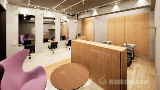 美容室 内装建築パース|木質素材を用いたヘアサロンの売場空間 美容室(ヘアサロン)の内装建築パースです。受付カウンターを中心に、セット面とシャンプー台を明確にゾーニングし、施術動線とスタッフ動線の整理を行っています。内装は木質素材を基調とし、天井のライティングレールとスポット照明により、明るさと落ち着きを両立した空間としました。ミラー配置や照明計画、床仕上げの切り替えなど、実際の店舗運営を想定した設計内容を3DCGで可視化しています。美容室の新規出店・改装計画におけるレイアウト検討や、施主・関係者間での完成イメージ共有を目的とした内装建築パースです。