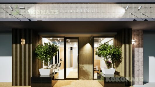 美容室 外観建築パース|木ルーバーと植栽によるヘアサロンファサード 美容室(ヘアサロン)の外観建築パースです。ファサードには縦ルーバーと木質仕上げを採用し、内部空間の落ち着いた雰囲気と連続性を持たせたデザインとしています。エントランス両側に配置した植栽とスポット照明により、昼夜で異なる表情を演出し、視認性と店舗の存在感を高めています。ガラス開口部からは店内の様子が適度に確認でき、来店者に安心感を与える構成としています。美容室の新規出店・改装計画における外観デザイン検討や、施主・関係者間での完成イメージ共有を目的として、内装と合わせて3DCGで可視化した建築パースです。
