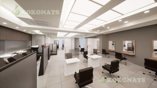 大型美容室 内装の建築パース|多席型ヘアサロンのレイアウトを再現した3DCG 複数のセット面とシャンプーブースを備えた大型美容室を想定した内装の建築パースです。天井照明計画による均一な明るさ、作業効率を考慮した席配置、スタッフ・来店客双方の動線が把握しやすい空間構成を3DCGで表現しています。新規出店や多店舗展開を前提とした検討資料、施主・スタッフ間での共有、工事前のイメージ確認用ビジュアルとして活用可能です。設計図面をもとに、実務用途を重視して可視化しています。