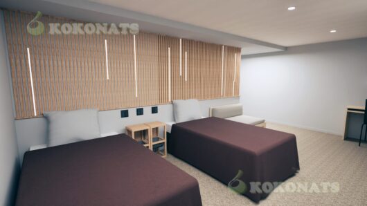 個室ベッドルーム 内装建築パース|木ルーバーと間接照明による落ち着いた空間 独立した個室空間として計画されたベッドルームの内装建築パースです。壁面には縦ルーバーを用い、スリット状の間接照明を組み込むことで、視覚的なリズムとやわらかな光環境を形成しています。ベッドはシンプルなボリュームで構成し、余計な要素を排したミニマルな空間とすることで、滞在時のリラックス性と静けさを重視しています。照明計画・素材構成・家具配置を含め、実施設計段階での検討や、施主・関係者間での完成イメージ共有を目的として、3DCGにより可視化した内装建築パースです。