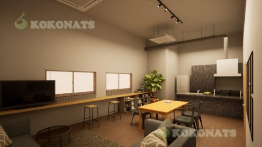 LDK内観CGパース|コンパクト住宅向けシンプルモダンな暮らしの提案事例 限られた空間を有効活用したLDK(リビング・ダイニング・キッチン)の内観CGパース。グレーを基調にしたモダンな内装と自然光を取り入れた設計で、都市型住宅・リノベーション・モデルルーム提案に最適です。