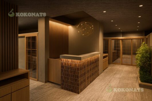 店舗内通路の内装建築パース 店舗内の通路空間を想定した内装建築パースです。木格子やタイル、間接照明を組み合わせ、来店者の動線に落ち着きと奥行きを与える空間構成を3DCGで可視化しています。店舗設計の検討や完成イメージ共有を目的としたパース表現です。