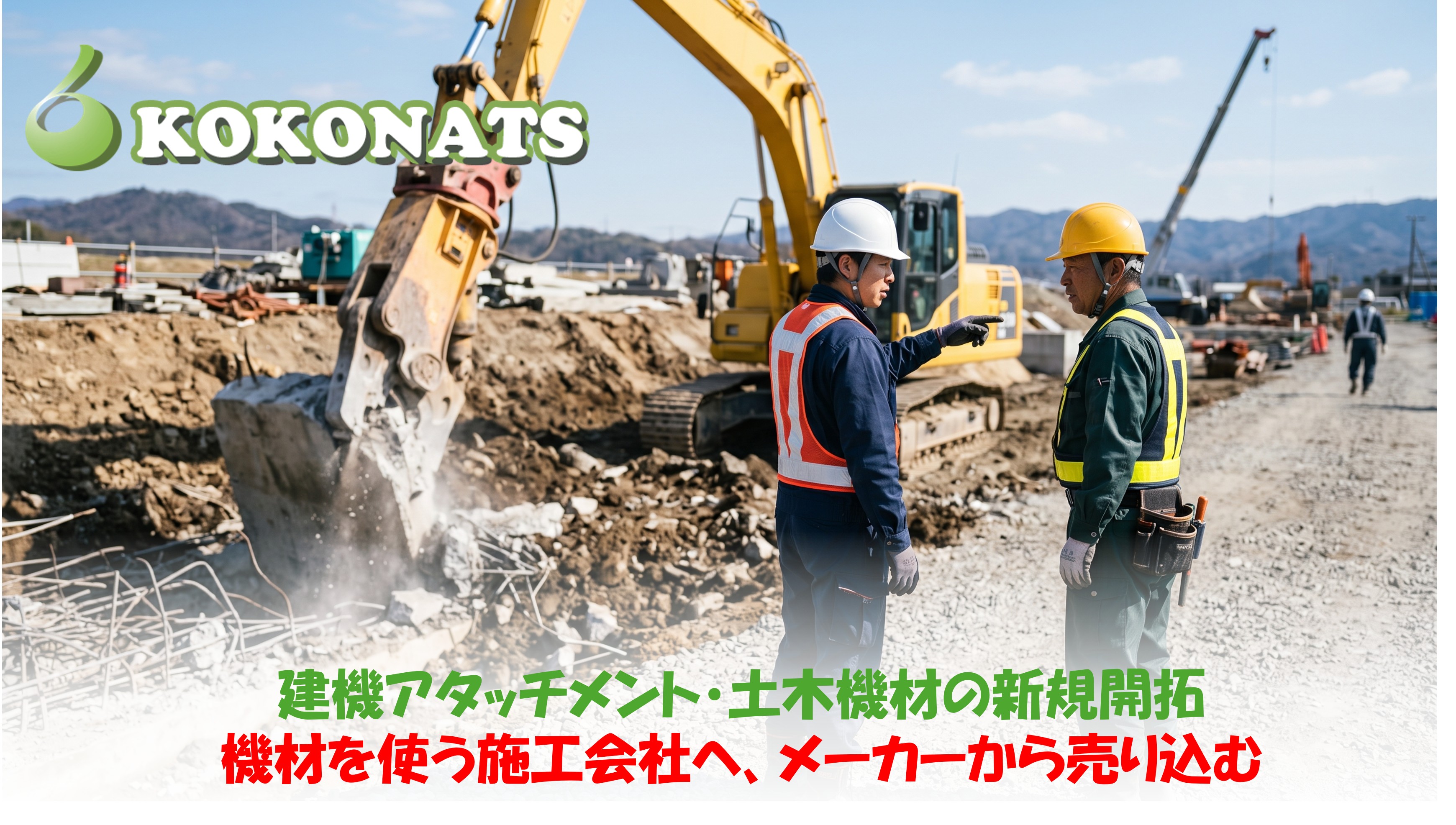 建機アタッチメント・土木機材の新規開拓。現場で油圧ショベルのアタッチメントを確認する技術者と作業員
