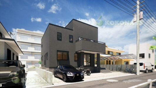 都市型モダン住宅パース|ブラック外壁のシンプルデザイン|車庫付き2階建てCG 都市部の住宅街に調和する、シンプルで洗練されたブラックの外壁が印象的な2階建て住宅CGパースです。重厚感のある直線的なフォルムに、バルコニーやピロティを効果的に配置し、デザイン性と実用性を両立。カーポート付きの外構や周辺環境も丁寧に再現し、リアルな街並みの中での建築提案に最適なビジュアルとなっています。分譲住宅の広告、実施図面からのプレゼン資料、Web掲載用にもご活用いただけます。