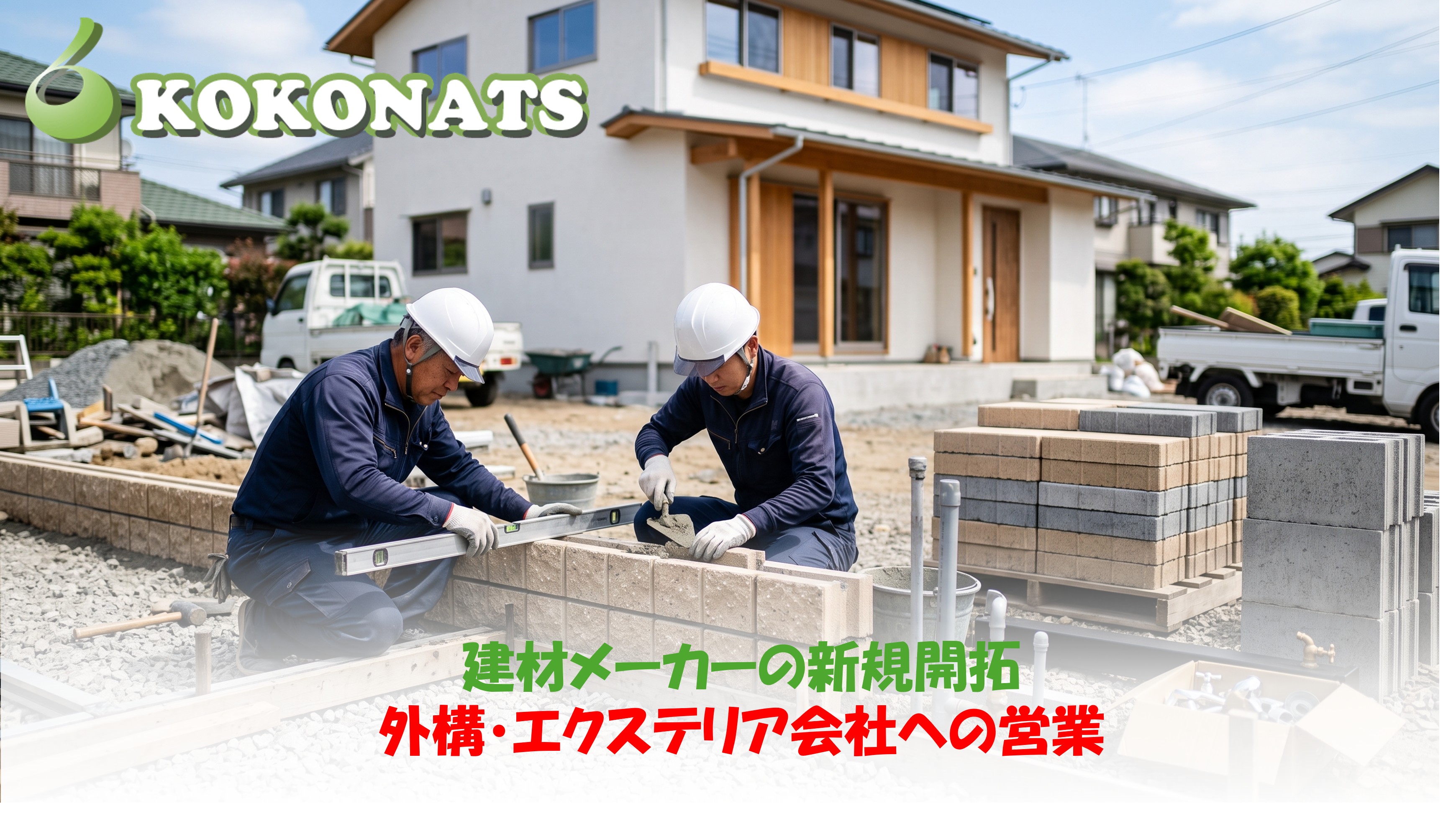 建材メーカーの新規開拓。外構工事の現場で化粧ブロックを積む職人と、砕石・型枠・インターロッキング