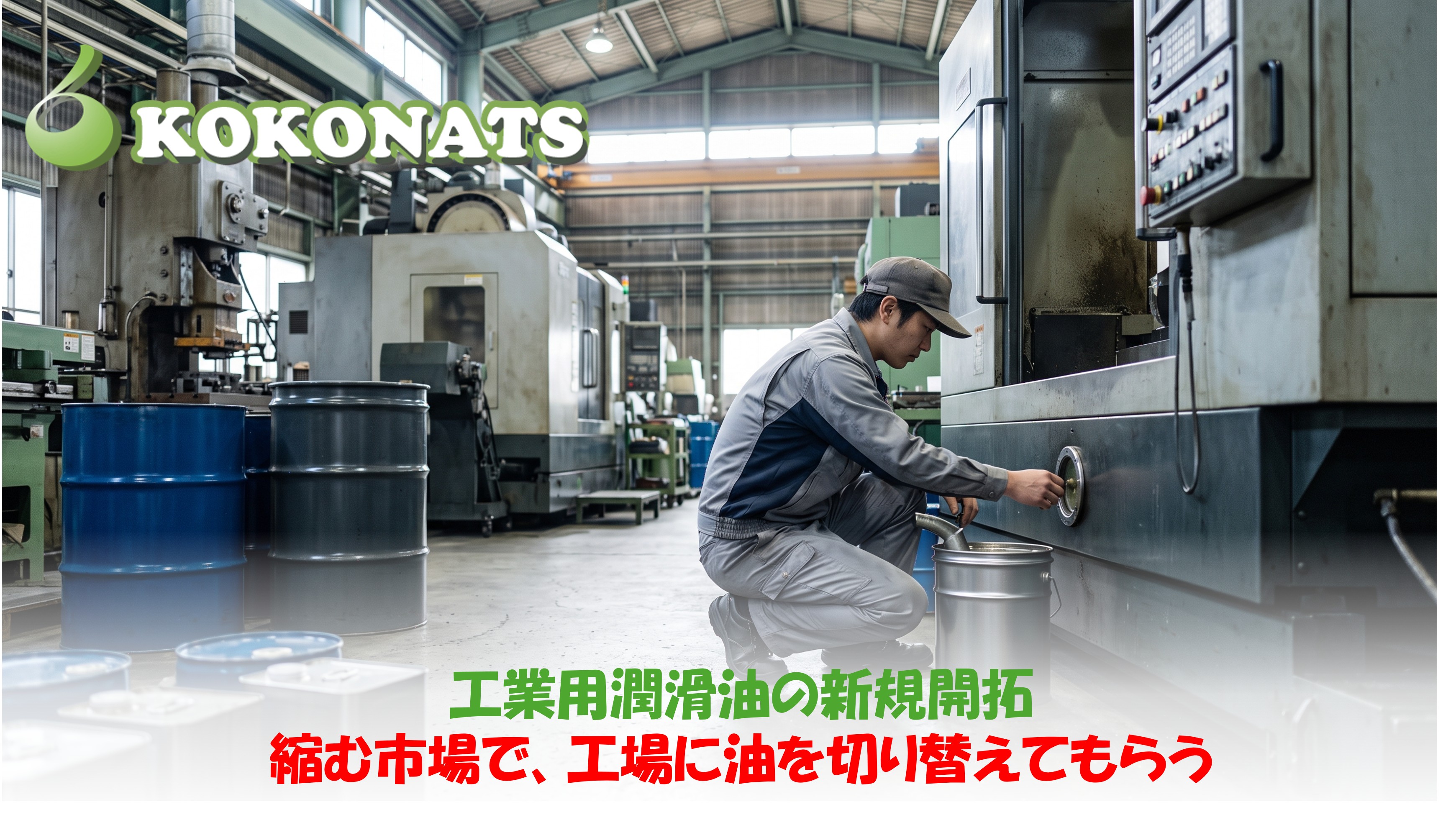 工業用潤滑油の新規開拓。工場の機械のそばで油量を点検する保全担当者