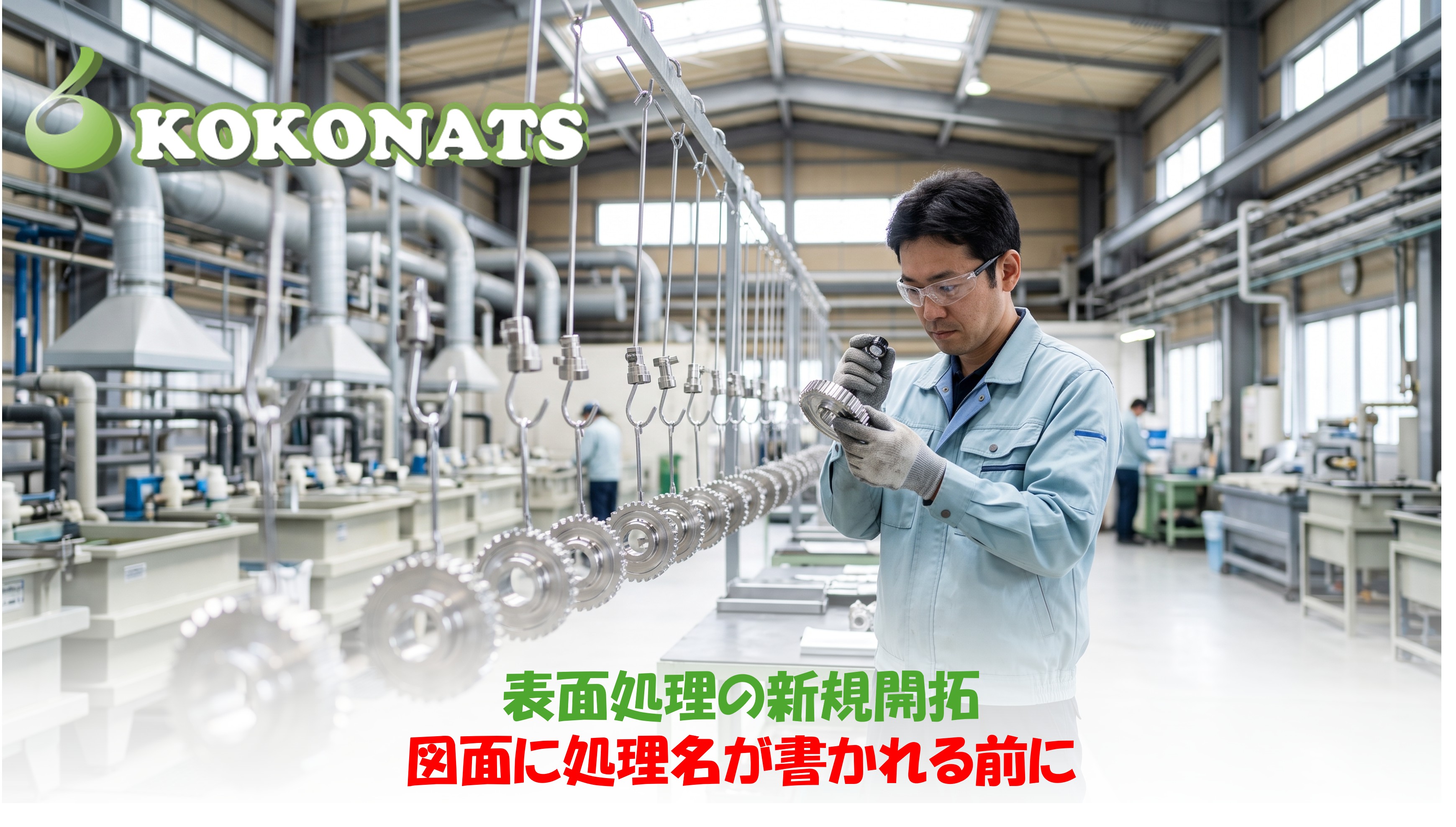 表面処理の新規開拓。治具に吊るされためっき処理後の金属部品を確認する技術者