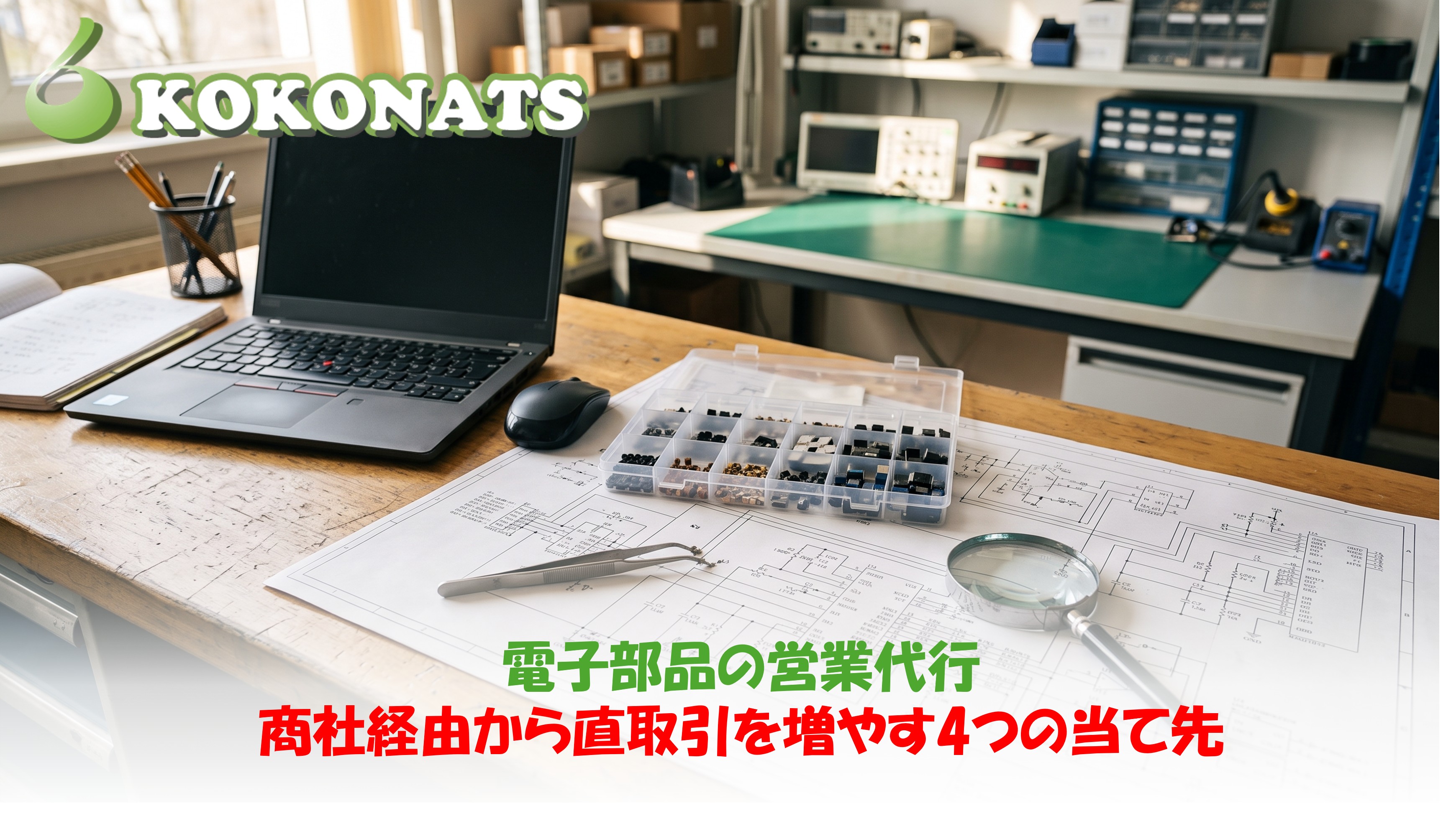 電子部品の営業代行。回路図の上に並べた電子部品のトレーとピンセット、ルーペのある事務机