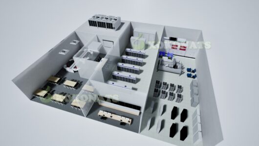 データセンター内部構造CGパース|設備・動線を可視化した俯瞰3Dモデル サーバールーム、空調設備、監視室、オフィスエリアを明確にゾーニングしたデータセンターの内部構造を俯瞰視点で可視化したCGパースです。冷却機器やUPS(無停電電源装置)、ラック配置の計画検討、設備導線の確認など、プレゼンテーションや設計提案に最適なビジュアル資料としてご活用いただけます。実際の建築計画に基づく精度の高いモデリングと分かりやすいパース構成が特徴です。