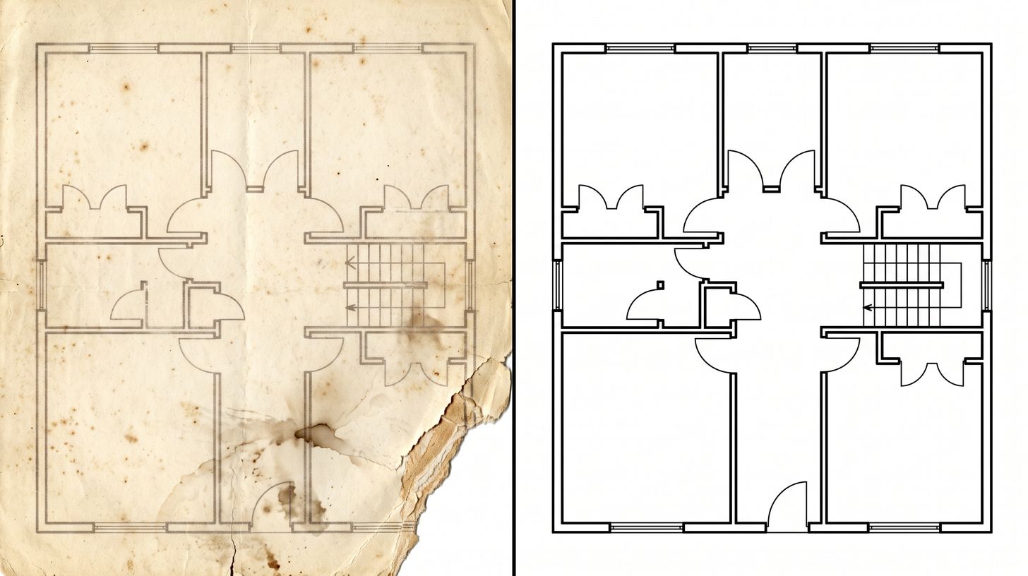 シミや破れのある古い紙の図面と、同じ間取りをCADで描き直した線画を左右に並べた比較イメージ
