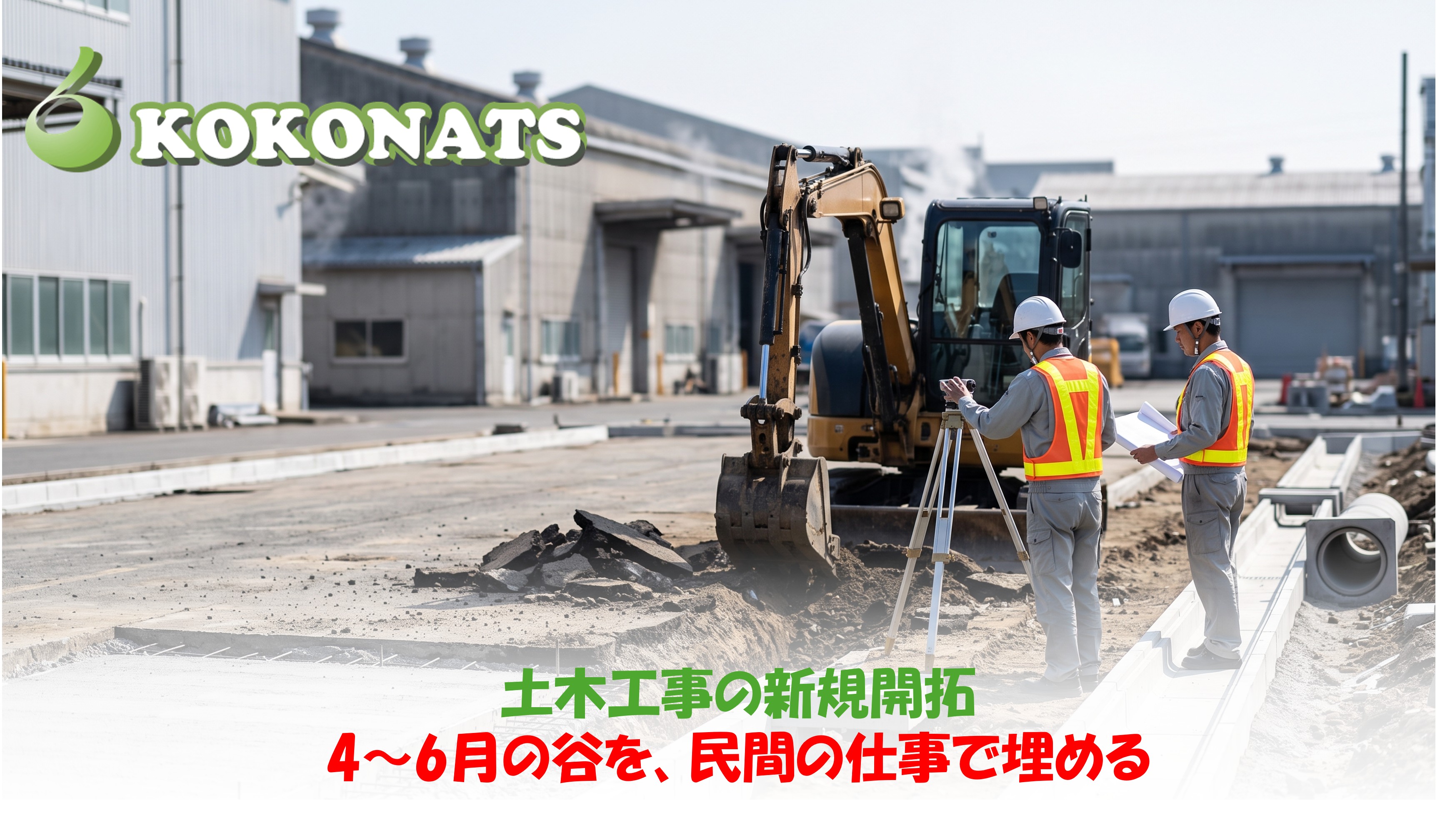 土木工事の新規開拓。工場・倉庫の構内で側溝整備を行う作業員とバックホウ