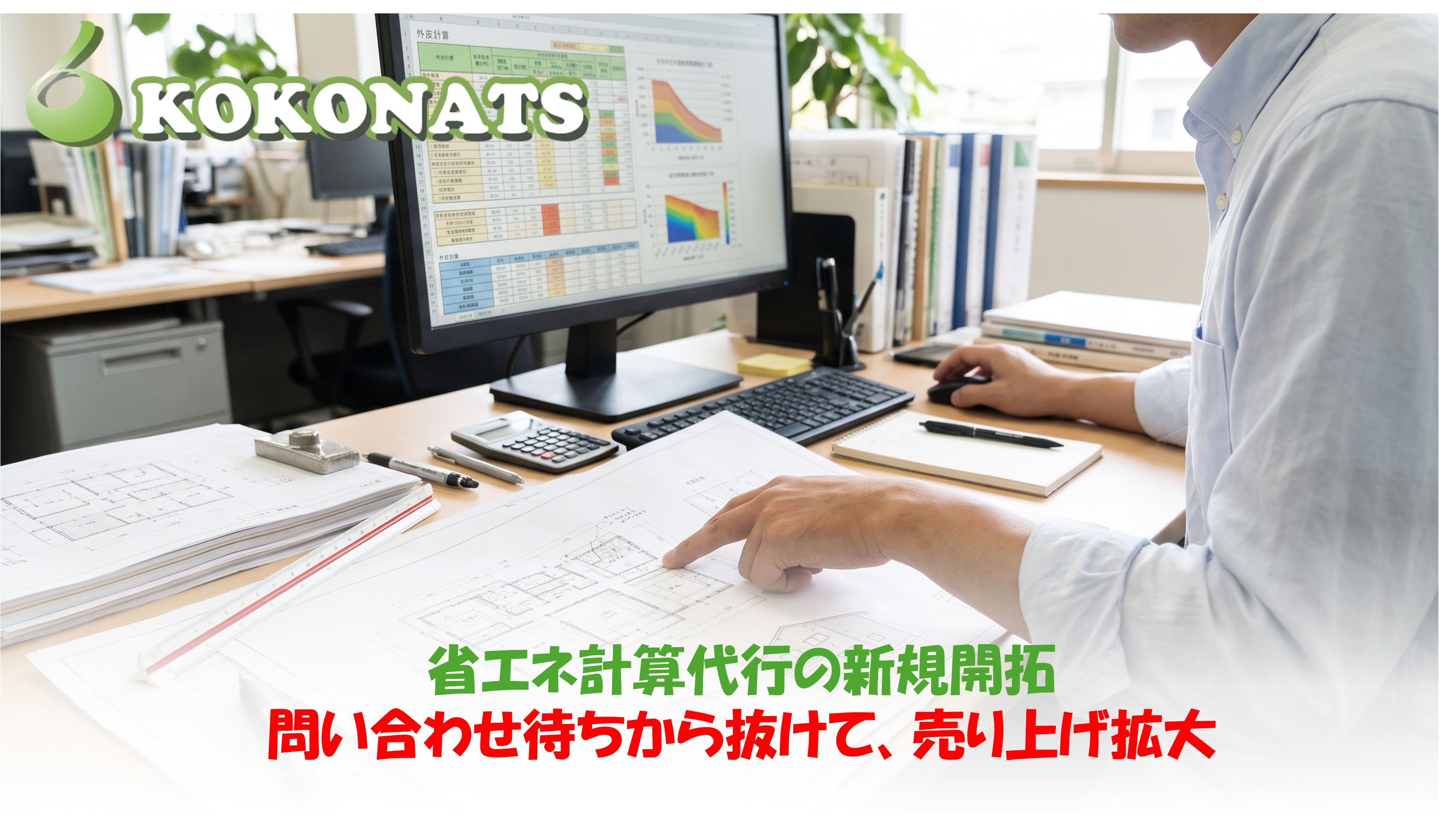 省エネ計算代行の新規開拓。住宅の図面と計算の画面を見比べる設計者