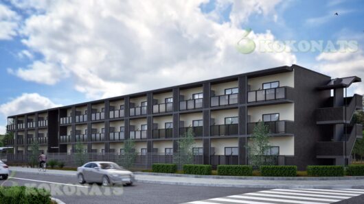 3階建て賃貸アパート 外観パース|モノトーン×バルコニー付き現代建築CG 投資用やファミリー向け賃貸として人気の高い、3階建て低層集合住宅の外観CGパースです。シンプルで落ち着いたモノトーンの外観デザインに、全戸バルコニー付きという居住性の高さが視覚的に伝わります。アプローチ前の車道や歩道も表現し、実際の立地条件や都市部での建設イメージがわかりやすい構図です。賃貸住宅の募集チラシ、WEB広告、設計プレゼンなど幅広く活用可能な汎用性の高いビジュアルとなっています。