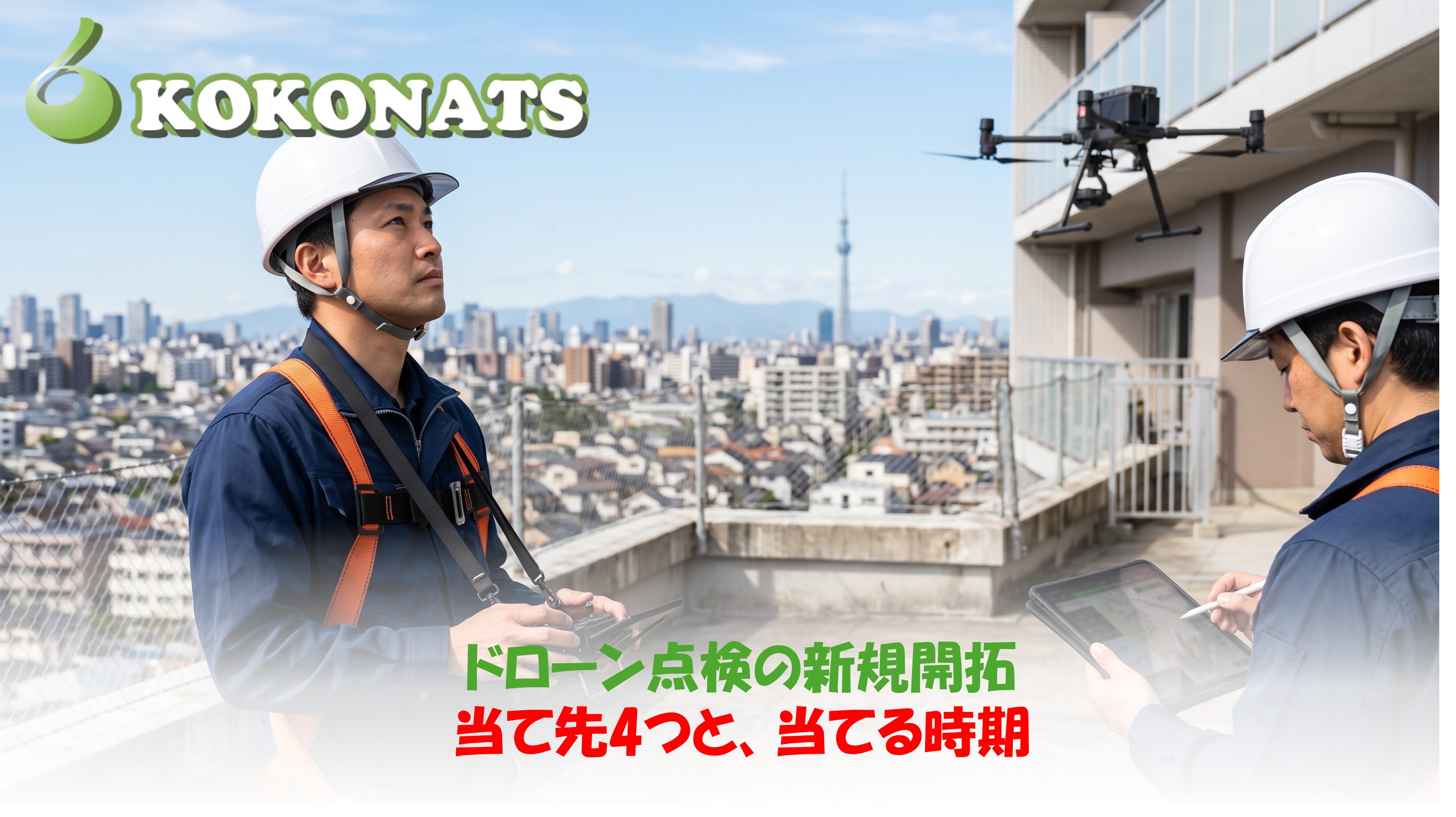 ドローン点検の新規開拓。ビル屋上から外壁に沿って点検用ドローンを飛ばす操縦者と記録係