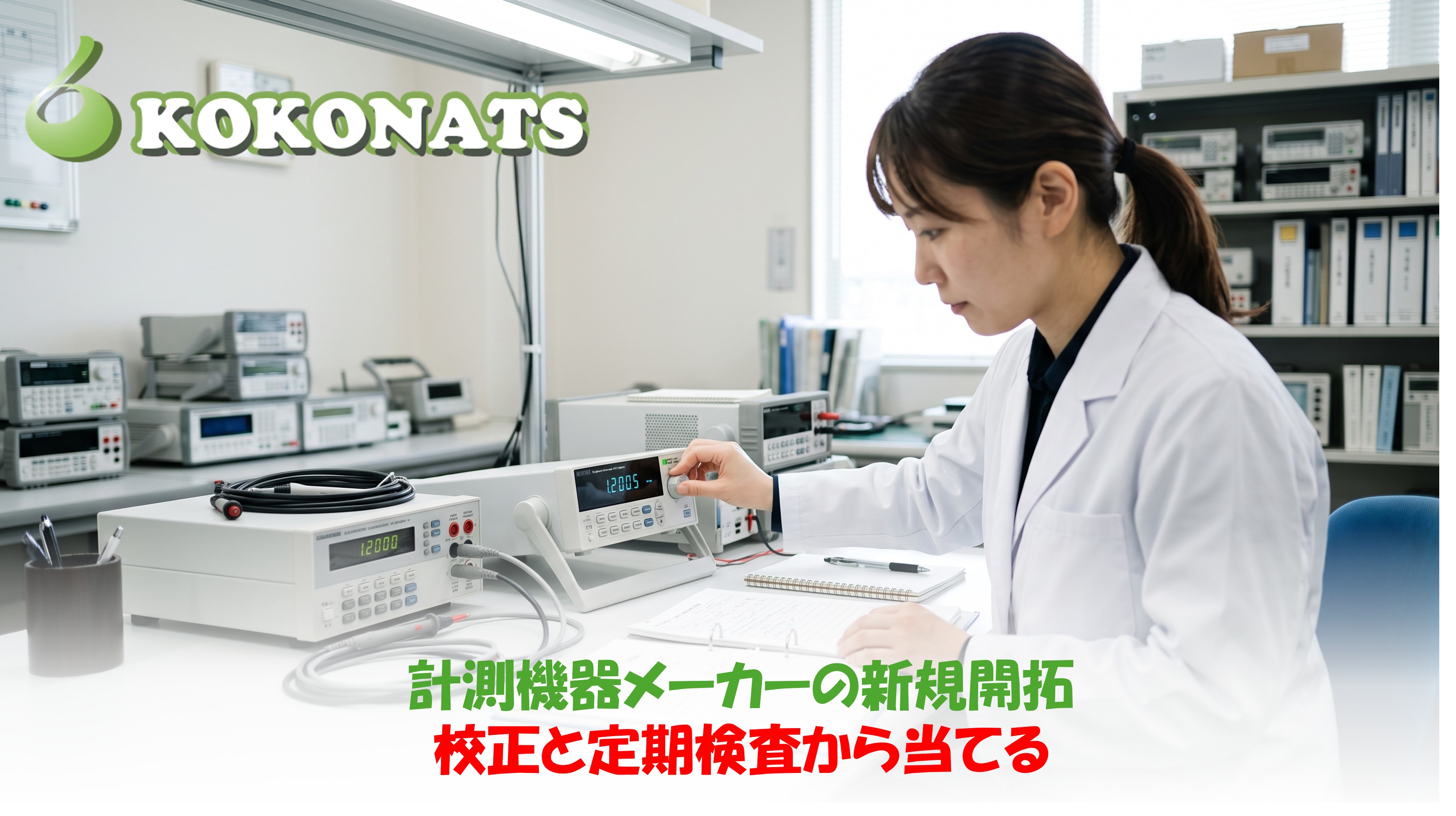 計測機器メーカーの新規開拓。校正室で標準器と並べた測定器を確認する技術者