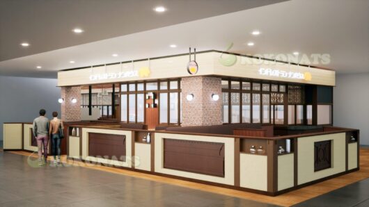 飲食店舗CGパース|モール内カフェ・レストラン設計事例(和モダンスタイル) 商業施設内に出店する飲食店舗をCGパースで立体的に再現。レンガ調と木素材を組み合わせた落ち着きある和モダンデザイン。店舗開発・内装提案・プレゼン資料として幅広く活用できます。