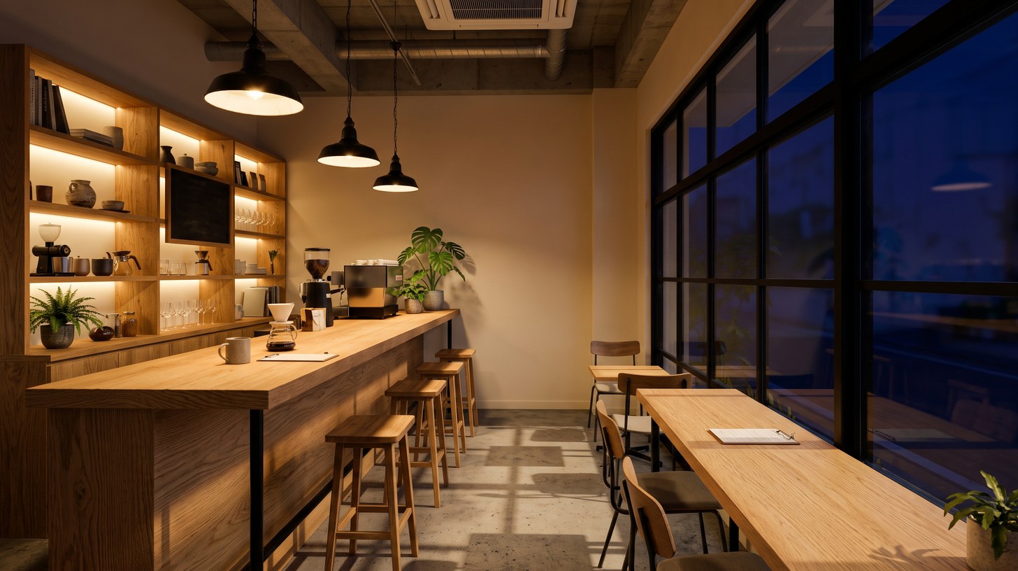 同じカフェを夜の照明主体で見た内観。棚下の間接照明とペンダントでカウンターと棚の面が明るく浮かび、窓の外は暗い藍色に沈んでいる