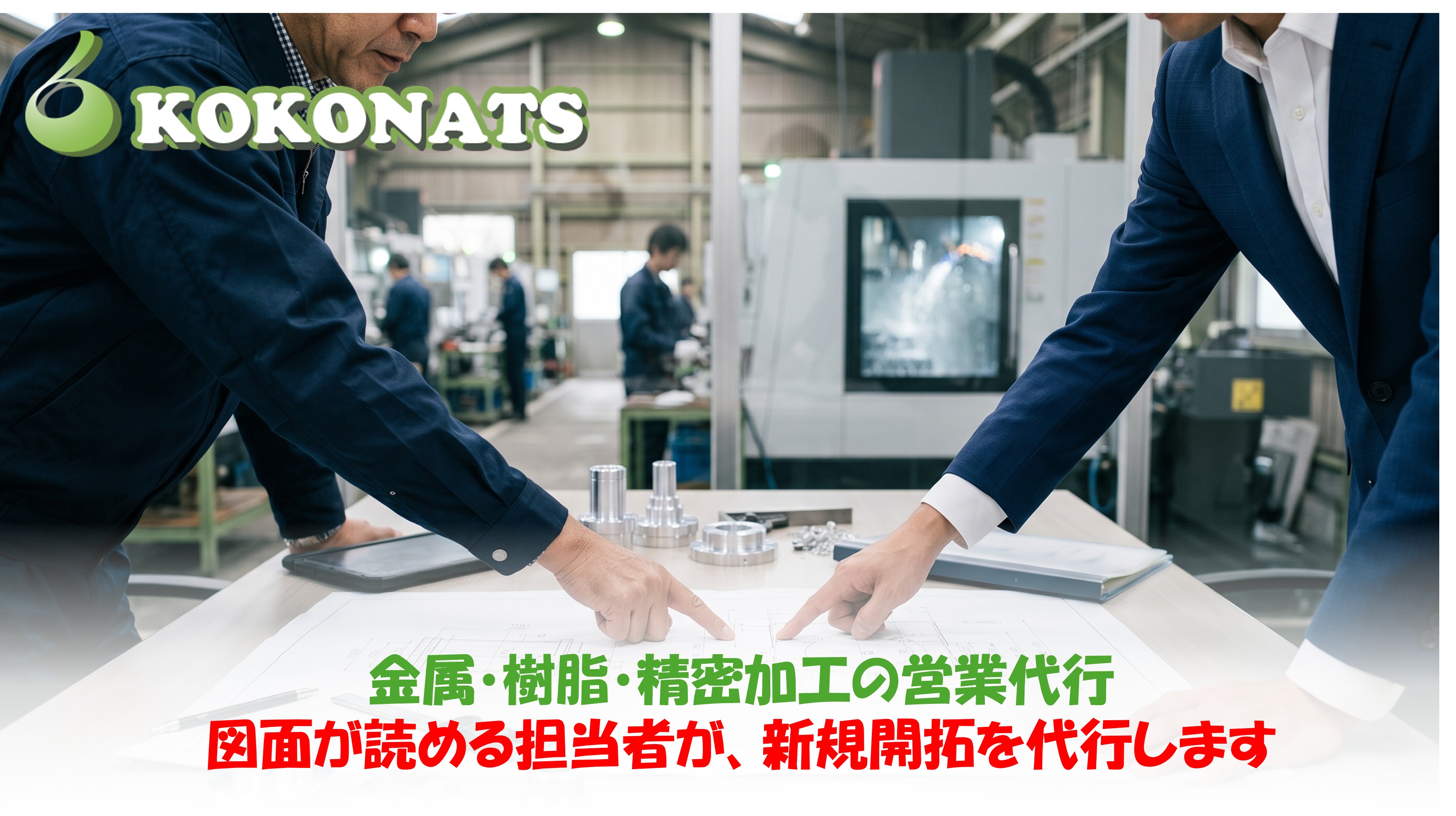 金属・樹脂・精密加工の営業代行。工場で図面を挟んで打ち合わせる技術者と営業担当