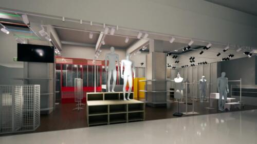 アパレル店舗内装の建築パース｜什器配置と照明計画を再現した3DCG