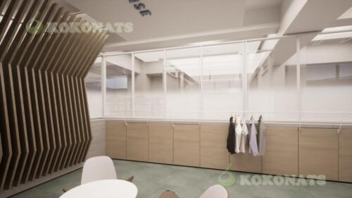 オフィス併設ショールーム内装の建築パース｜アパレル展示と執務空間を再現した3DCG