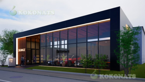 自動車ショールーム 外観の建築パース｜ガラス張りファサードの展示空間CG