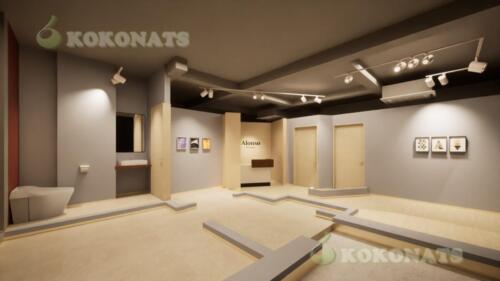 小規模サロン内装の建築パース｜壁を省略して内部構成を示した3DCG