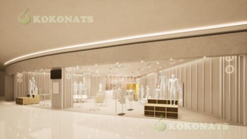 アパレル店舗 内装建築パース｜曲線天井と照明計画による売場全景CG