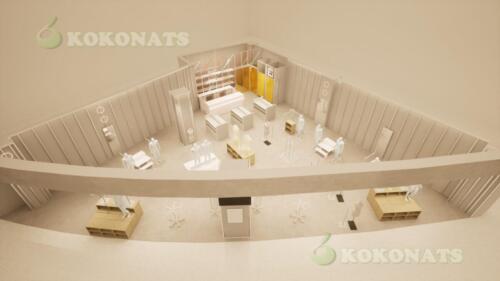 商業施設内アパレル店舗 内装建築パース｜曲線天井と間接照明による売場デザイン