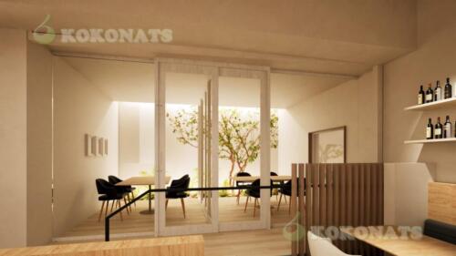 中庭に面した客席と木質素材を用いた落ち着きのある空間を3DCGで表現