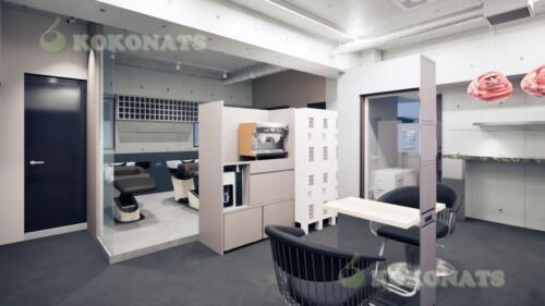 美容室内装の建築パース｜セット面とシャンプー室を再現したヘアサロン3DCG